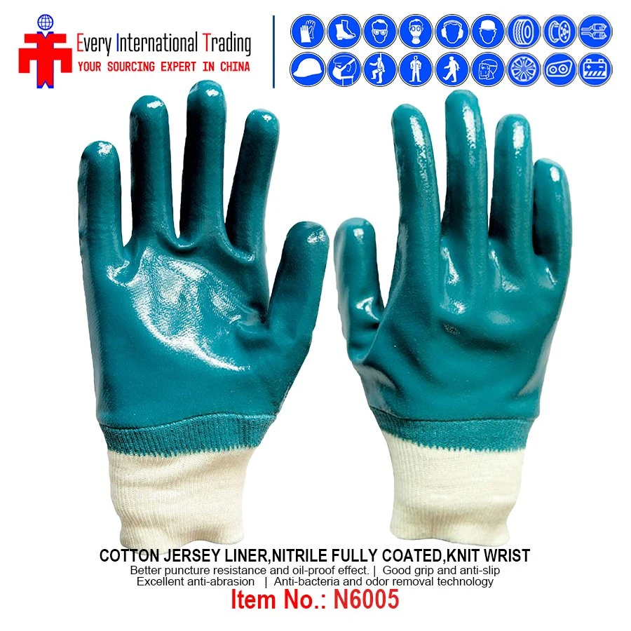 Industrial Nitrile Safety Gloves Cotton Liner, Nitrile Fully Coated Smooth Finish Knit Wrist Work Gloves