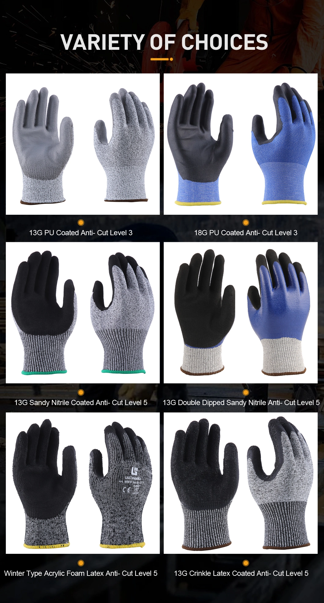 13G Seamless Mechanic Work Safety PU Cut Proof Resistant Labor Glove for Industrial Woking