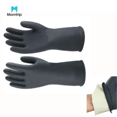 Высококачественные черные длинные защитные сверхмощные водонепроницаемые промышленные защитные перчатки En388. Термостойкие химически стойкие перчатки для рук механика из натурального каучука.